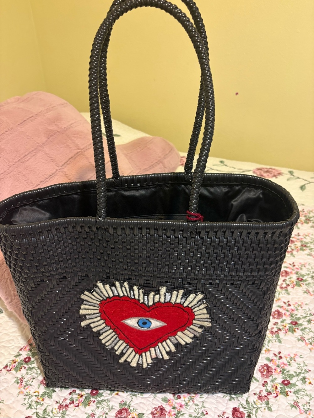 Black Woven Tote with Red Heart Eye Patch